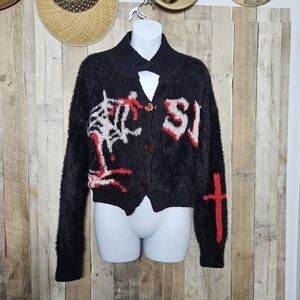 Spider Wed Cross Fuzzy Button Up Black Cardigan Sweater Medium Dark Harajuku